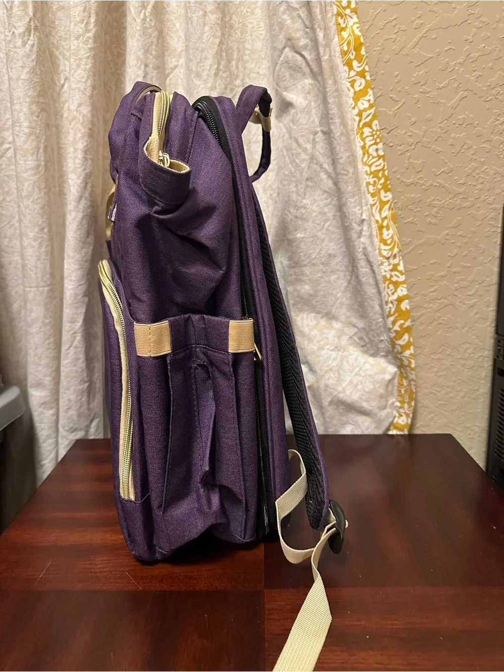 Purple Canvas Multi purpose Baby diaper Bag Backpack with Beige Trim